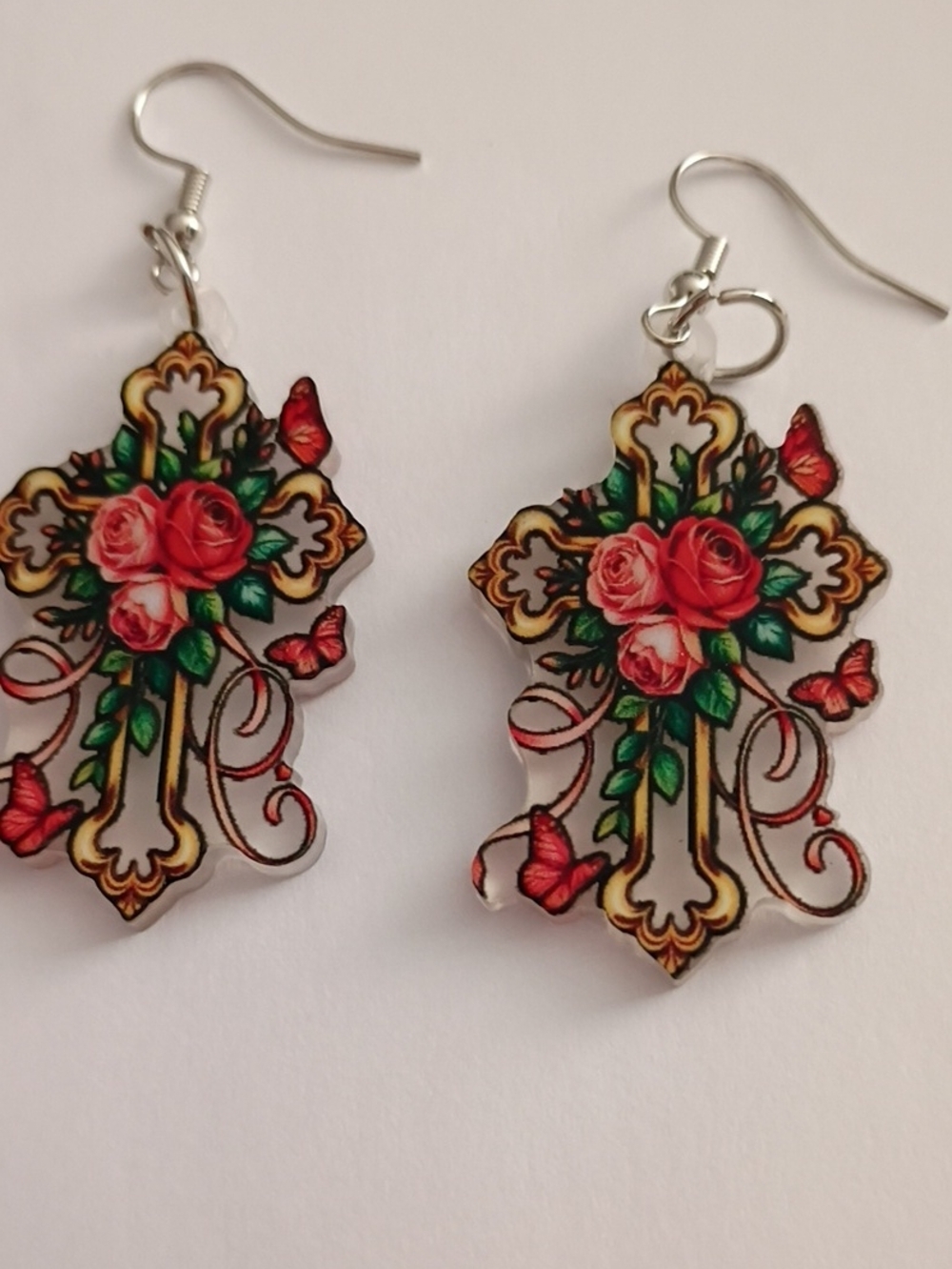 Rose Cross Drop Earrings with Pink Roses and Green Leaves